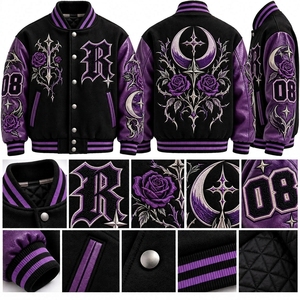 Chaqueta Bomber de Cuero para Hombre, Personalizada, con Bordado de Rosas Negras y Púrpuras, Estilo Gótico Urbano y Racing - Product Image 5