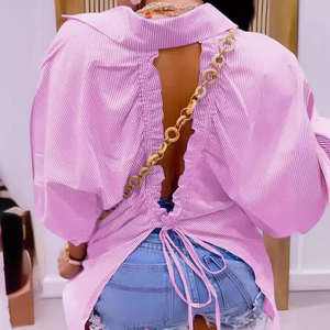 Women's Hollowed-Out Back Striped Shirt <b>Bubble</b> Sleeve Drawstring Lacing Loose Fit Breathable Blouse Wholesale Supplier OEM - Product Image 4