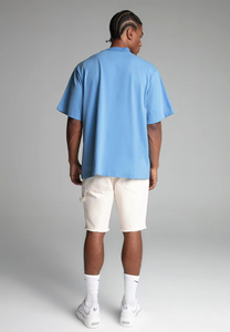 T-shirt à col montant bleu clair pour homme, 100% coton, manches courtes, couleur unie, pull-over, style été - Product Image 5