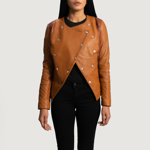 Women's Brown Genuine Leather Asymmetric Motorcycle Jacket Full Sleeve <b>Quilted</b> Double Breasted Autumn Style Regular Fit - Product Image 6