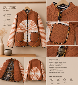 Abrigo Reversible con Capucha, Acolchado con Diseño de Puntos, 100% Algodón Orgánico, Cuello Alto, Manga Larga, para Todas las Temporadas, Cálido e Informal para Mujer - Product Image 2