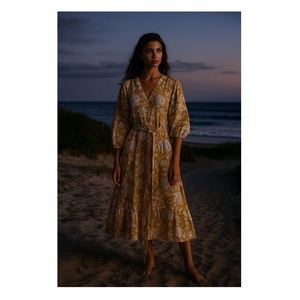 Vestido Mini de Algodón para Mujer con Estampado Amarillo y Blanco, Diseño Simple, para la Vida Diaria, Compre Directamente del Proveedor Indio - Product Image 1