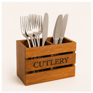 Wholesale Handcrafted Wooden Cutlery Holder 2-Compartment Rustic Silverware <b>Caddy</b> For Dining Table Eco-Friendly Wood Utensil - Product Image 3