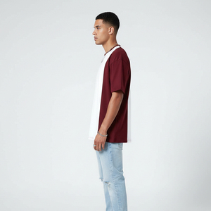 T-shirt Homme Oversize Color Block Manches Courtes Col Rond en Coton Jersey Décontracté Blanc et Bordeaux avec Bordure Contrastante - Product Image 2