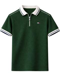 Polo zippé vert foncé pour homme, manches courtes, col côtelé, décontracté, fabrication sur mesure, vêtements d'été pour les acheteurs en gros - Product Image 1
