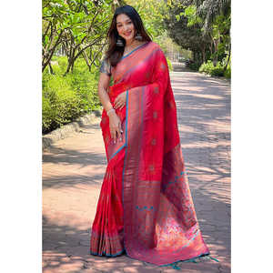 Sari Rosa de Seda Suave con Zari Tejido en Contraste, Elegantes Vestidos de Fiesta - Product Image 3