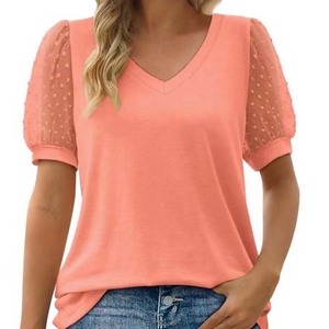 <b>Women's</b> Mint Green V-Neck T-Shirt With <b>Mesh</b> Puff Sleeves Casual Spring Summer <b>Top</b> Regular Fit Knitted Breathable Solid Color - Product Image 2