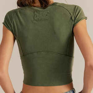 Hot Selling Exposed Seam Women's Olive Green Cap Sleeve Crop Top Slim Fit Knitted Cotton Casual Summer Solid Color T-Shirt Women - Product Image 2