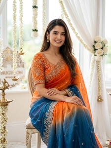 Sari de Seda Bordado en Azul y Naranja de AARA Fashion para Mujer, Estilo Tradicional Indio/Pakistaní para Bodas, Largo hasta el Suelo, Corte Regular - Product Image 3