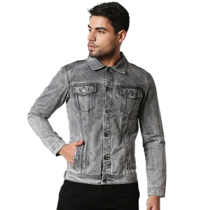 Blouson en jean pour homme, manches classiques, couleur unie, style motard, pour l'automne, 100% coton - Product Image 1