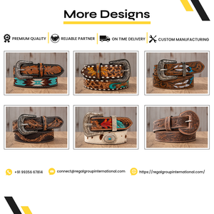 Western Cowboy Genuine Leather <b>Belt</b> with Brown Floral Hand Tooled Design, Brown White Hair On Cowhide, Engraved <b>Silver</b> <b>Buckle</b>, - Product Image 5
