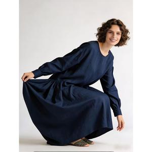 Women Navy Blue Cotton Linen Maxi <b>Dress</b> <b>Long</b> Sleeve Loose Fit Casual <b>Boho</b> Style <b>Dress</b> - Product Image 3