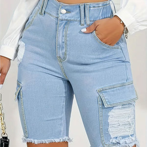 Short en jean bleu clair éco-responsable taille haute avec fermeture boutonnée, délavé, ourlet déchiré, style décontracté, coupe classique - Product Image 3