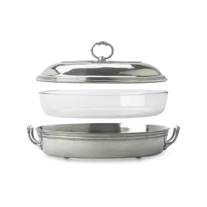 Plat à gratin en verre de 24 cm avec base en acier inoxydable, couvercle et poignées latérales, bol de service rond pour table à manger, buffet - Product Image 1