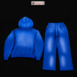 Conjunto Deportivo de Dos Piezas para Hombre, Sudadera con Capucha Azul Lavado y Cremallera Completa, Logotipo Personalizado, Estilo Urbano, Corte Holgado, Ropa Deportiva al por Mayor con Bolsillos - Product Image 6