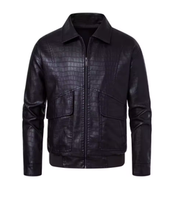 Chaqueta de Cuero PU con Estampado de Cocodrilo Negro para Hombre, Estilo Motociclista, Cuello Camisero, Cierre de Cremallera, Corte Regular, Ropa de Abrigo para Otoño - Product Image 1
