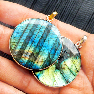 Labradorite Bezel <b>Necklace</b> Natural Gemstone Gold Silver Plated Round Pendant | Multi Flash Handmade Jewelry Wholesale India Bulk - Product Image 3