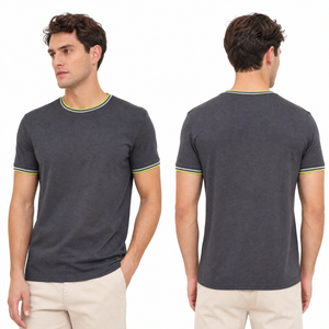 เสื้อยืดคอกลมสีเทาสำหรับผู้ชาย OEM พร้อมขอบยางยืดสามสีสันสดใส สีเขียวมะนาว สีเทาเงิน และสีเทา - สตรีทแวร์สุดคลาสสิก - Product Image 3