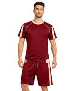 Mens Burgundy Beige Sports T Shirt And Shorts <b>Set</b> Breathable Quick Dry Gym Wear Athletic Running Training Activewear Outfit <b>Set</b> - Product Image 1