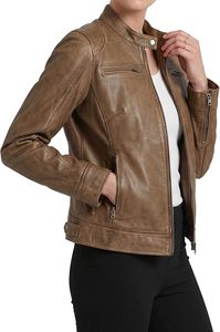 Women's Genuine Leather Motorcycle Jacket Brown Stand Collar <b>Zipper</b> Closure Full Sleeve Biker Style Autumn Wear - Product Image 5
