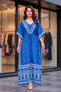Green <b>Indian</b> Pakistani Women's Traditional Cotton Floor-Length <b>Kaftan</b> Dress Ethnic Party Wear Loose Fit - Product Image 4
