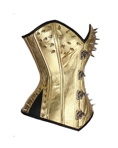 Wholesale Steel Boned Women Vegan/Genuine Leather Spikes and Hooks Overbust <b>Corset</b> Color Golden Made in Pakistan Custom logo Oem - Product Image 1