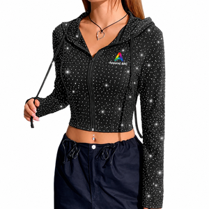 เสื้อแจ็คเก็ตผ้าฝ้ายระบายอากาศได้ดี ประดับด้วยคริสตัลวิบวับ 100%  รับสกรีนโลโก้ เสื้อผ้าผู้หญิง  ตกแต่งด้วยคริสตัลแบบ Hotfix  ทรงครอปเข้ารูป  แบบโอเวอร์ไซส์  เสื้อฮู้ดมีซิป - Product Image 1