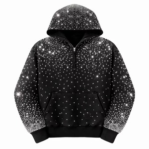 Sudaderas con capucha oversize de streetwear al por mayor con pedrería, 100% algodón polar, color negro, con media cremallera, para unisex - Product Image 1