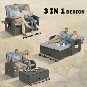 Divano Letto in Rattan Grigio per Esterni con Pouf Contenitore, Mobili da Giardino in Vimini con Schienale Regolabile e Tavolini Laterali - Product Image 4