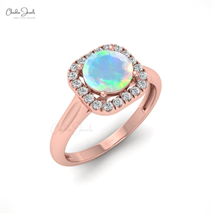 Élégante bague halo en or massif 14 carats avec opale et diamant de 6 mm sertis à griffes, faite à la main, bijou minimaliste, pierre de naissance d'octobre - Product Image 3