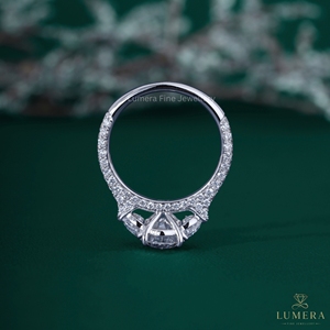 Oval Cut Lab Grown Diamond Three Stone Engagement <b>Ring</b> 14K 18K White Gold Half <b>Moon</b> Side Stone Multi Row Pave Band Bridal <b>Ring</b> - Product Image 6