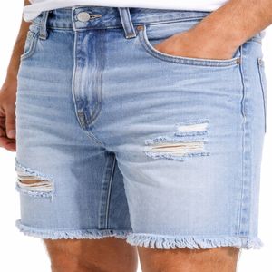Shorts de mezclilla desgastados de color azul claro para hombre, con dobladillo deshilachado, casuales, de verano, rasgados, de mezclilla suave, de primera calidad. - Product Image 6