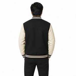 Veste universitaire haut de gamme en mélange de laine avec manches en cuir, fermeture à boutons-pression, col et poignets côtelés, doublure chaude, style classique décontracté urbain - Product Image 2