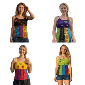 Nepali Boho Blast Print Crop Top for Women Trendy Knitted Rayon Fabric <b>Short</b> Sleeve Tank Hollow Ribbon Decoration O-Neck - Product Image 1