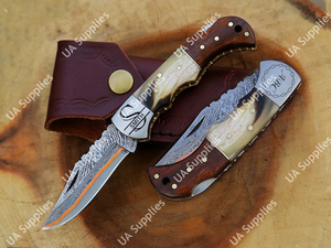 Couteau pliant EDC ergonomique en corne de cerf et bois de rose, acier Damas cuivré, 1 lame, facile à transporter, OEM DIY, pour voyage, randonnée, pêche - Product Image 6