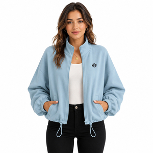 Drawcord Hem Women Sweatshirts Full Zip Oversized Cotton Fleece Bomber Jacket Casual Hoodies Autumn Winter Manufacturer - Product Image 1