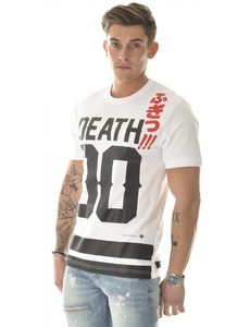 Camiseta Casual de Manga Corta para Hombre, Blanca, con Estampado 'Death 00', Texto Rojo y Rayas Negras, Logotipo Frontal, para Verano - Product Image 2