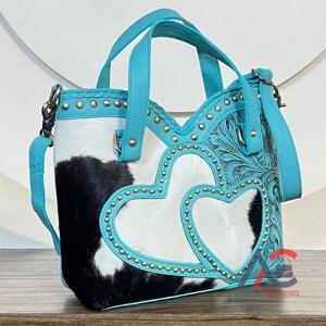 March Expo Hand Tooled Hairon Leather Women's <b>Tote</b> <b>Bags</b> Trendy Heart Design with Metal Studs Premium Shoulder <b>Bag</b> For Boutique - Product Image 1