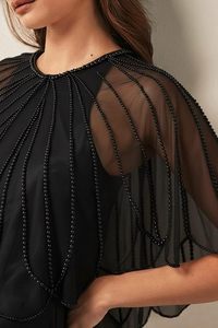 Women's Pearl Embellished Sheer Cape <b>Shrug</b> Elegant <b>Black</b> Beaded Overlay for Party & Occasion Wear - Product Image 2