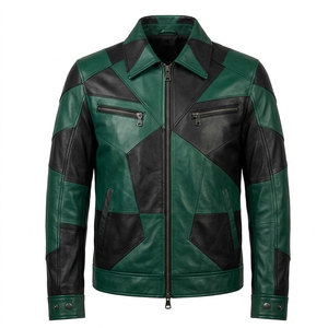 Veste Moto Homme en Cuir Véritable Color Block Respirante Écologique Style Streetwear Patchwork Col Zippé Vert – Vente en Gros - Product Image 1