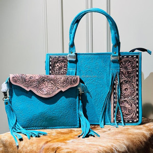 กระเป๋าโท้ทใบใหญ่ลายดอกไม้หนังเทอร์ควอยส์ใหม่สำหรับผู้หญิงกระเป๋าคลัทช์ซองหนังมีพู่ทำด้วยมือลายนูน - Product Image 2