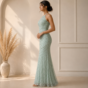 Women Mint Green Beaded Halter Neck Maxi Dress Sleeveless Embellished Evening Gown Elegant Wedding Party Prom Formal Occasion - Product Image 2