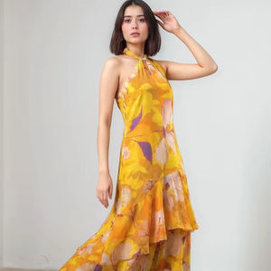 Vestido Midi Floral sin Mangas con Cuello en V, Transpirable y Hermoso para Mujer, Diseño Elegante con Botones, Georgette, Estilo Formal de Verano - Product Image 1