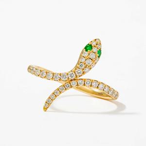 Anillo de Serpiente de Oro Amarillo de 14K con Esmeralda de 0.37 Ct y Diamante Cultivado en Laboratorio de Corte Redondo F VS2, Joyería de Compromiso de Oro Blanco - Product Image 1