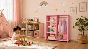 Armoire rose en bois pour enfants, armoire à 3 niveaux pour tout-petits, armoire avec penderie - Product Image 1