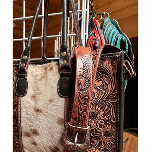 Western Leather Cowhide Tote Bag Hand Tooled Floral Purse Hair-On Shoulder Messenger Handbag Cowgirl Travel Bag with <b>Strap</b> - Product Image 2