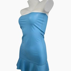 Strapless Blue Satin Bodycon Mini <b>Dress</b> With Ruffle Hem Party Wear <b>Summer</b> Casual Fitted <b>Dress</b> - Product Image 2
