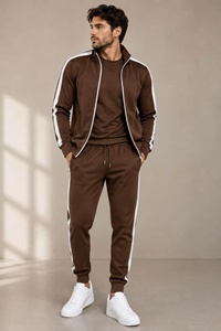 Men Tracksuit Solid Color Brown Full <b>Zip</b> Jacket Crew Neck T-<b>Shirt</b> Jogger Pants Breathable Casual Autumn Wear Regular Fit - Product Image 3