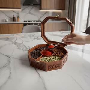 Handmade Sheesham Wood <b>Spice</b> <b>Box</b>, Octagon Masala Organizer with Glass Lid - Product Image 6
