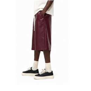 Men's Burgundy <b>Leather</b> Bermuda <b>Shorts</b> Drawstring Closure Solid Color Casual Woven Coated Breathable With Pockets <b>Leather</b> <b>Short</b> - Product Image 2